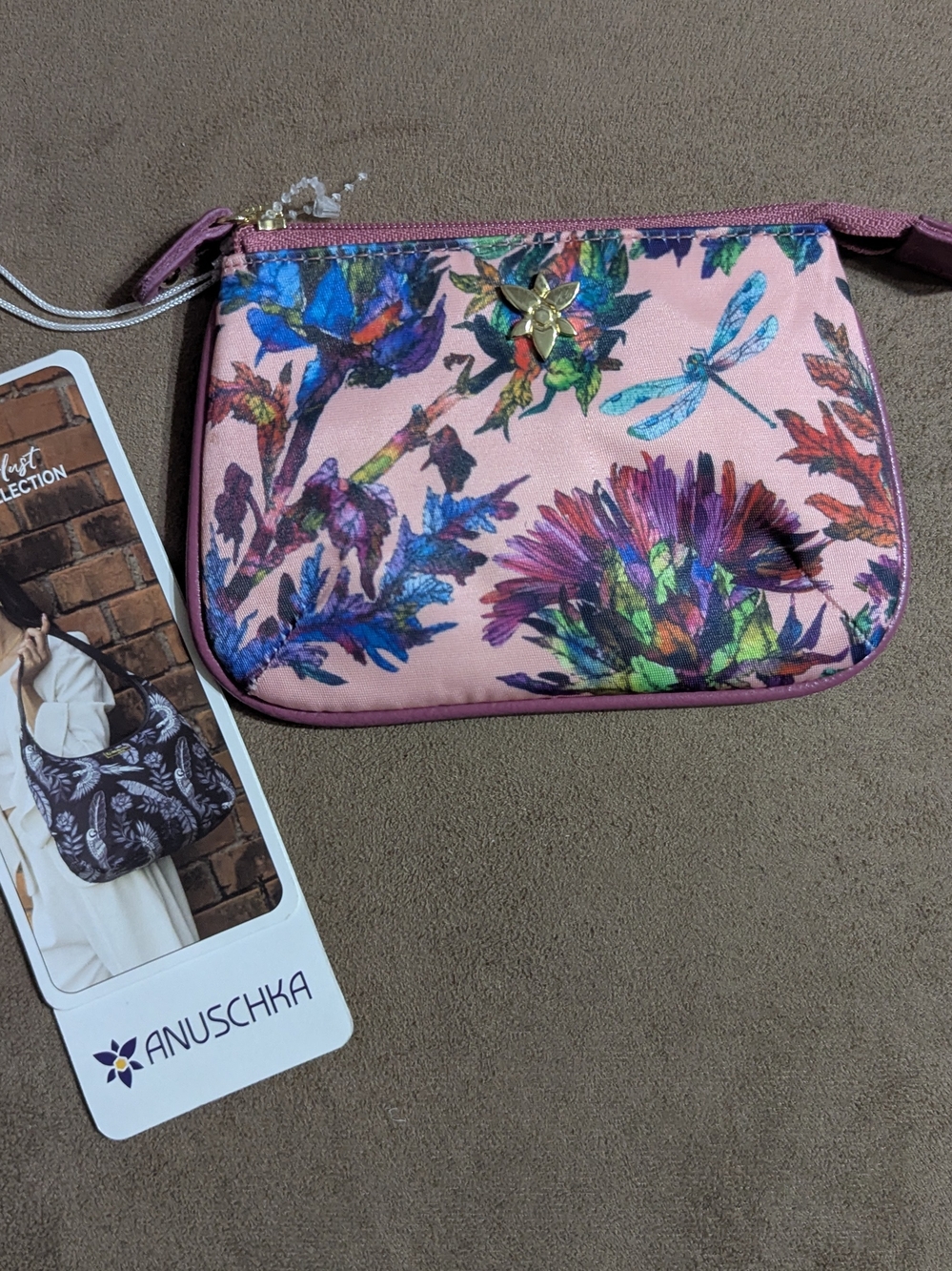 Anuschka Pink Floral Dragonfly Wristlet